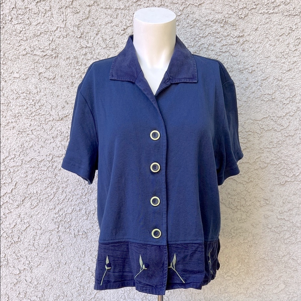 Vintage Froxx Navy Blue Button-Up Women Top Short Sleeve Shirt Floral Embroidery